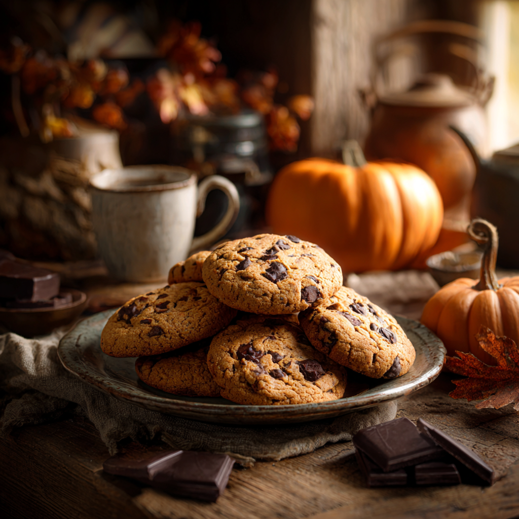 pumpkin chocolate chip cookies on rustic table