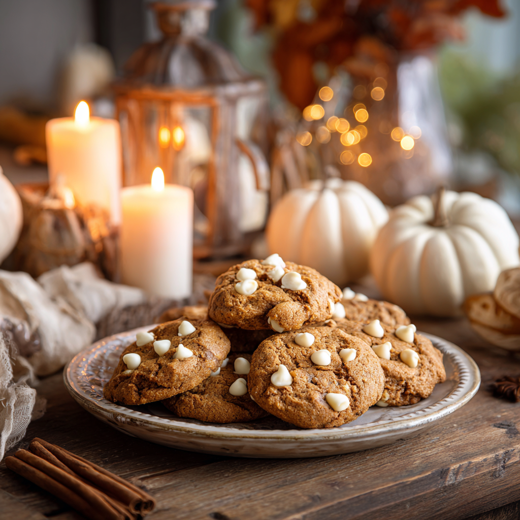 Pumpkin white chocolate chip cookies on rustic table