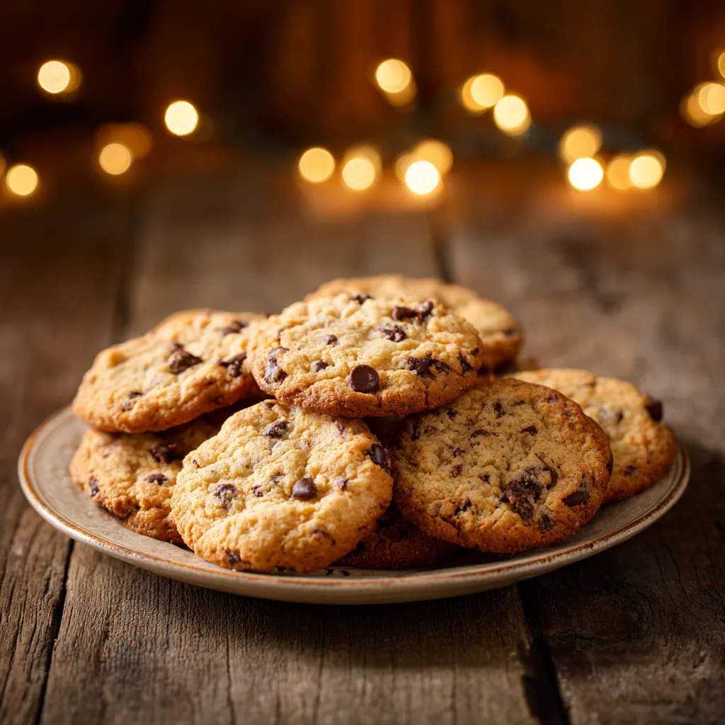 Best cookies ever on rustic table with chocolate chips