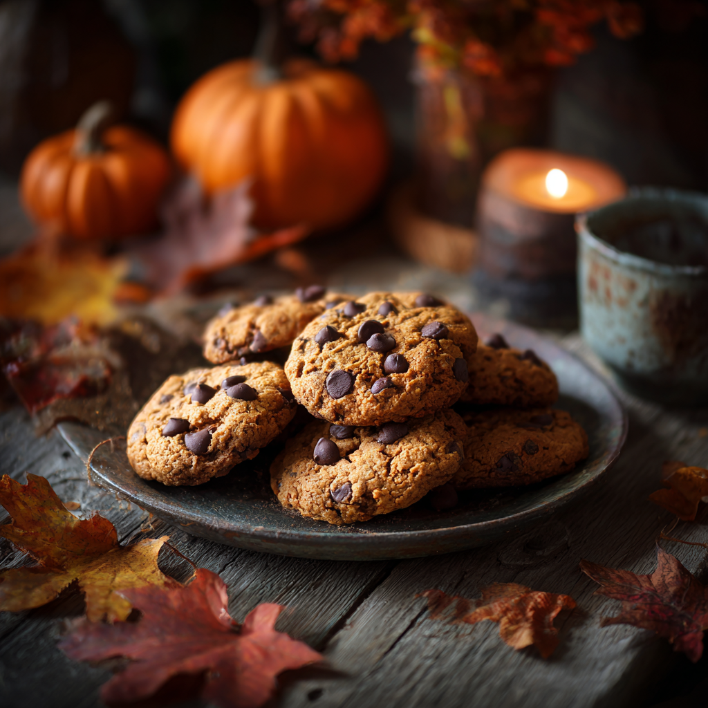 Chocolate chip pumpkin cookies on a rustic plate