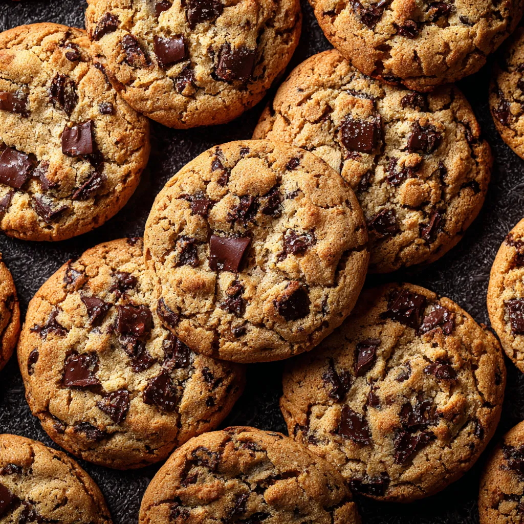 Freshly baked chocolate chip cookies with golden edges and melty chocolate chunks on a rustic plate.