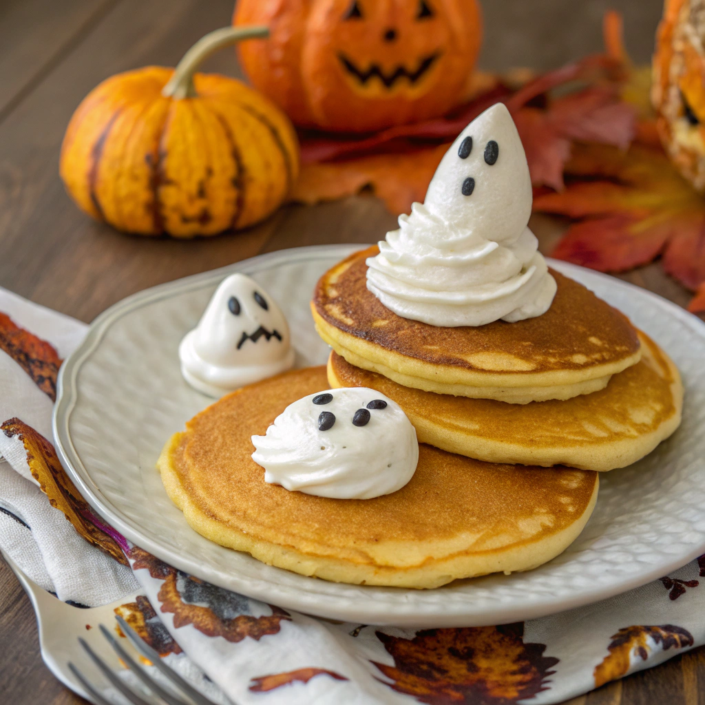 -pumpkin-shaped-pancakes-with-whipped-cream-ghosts