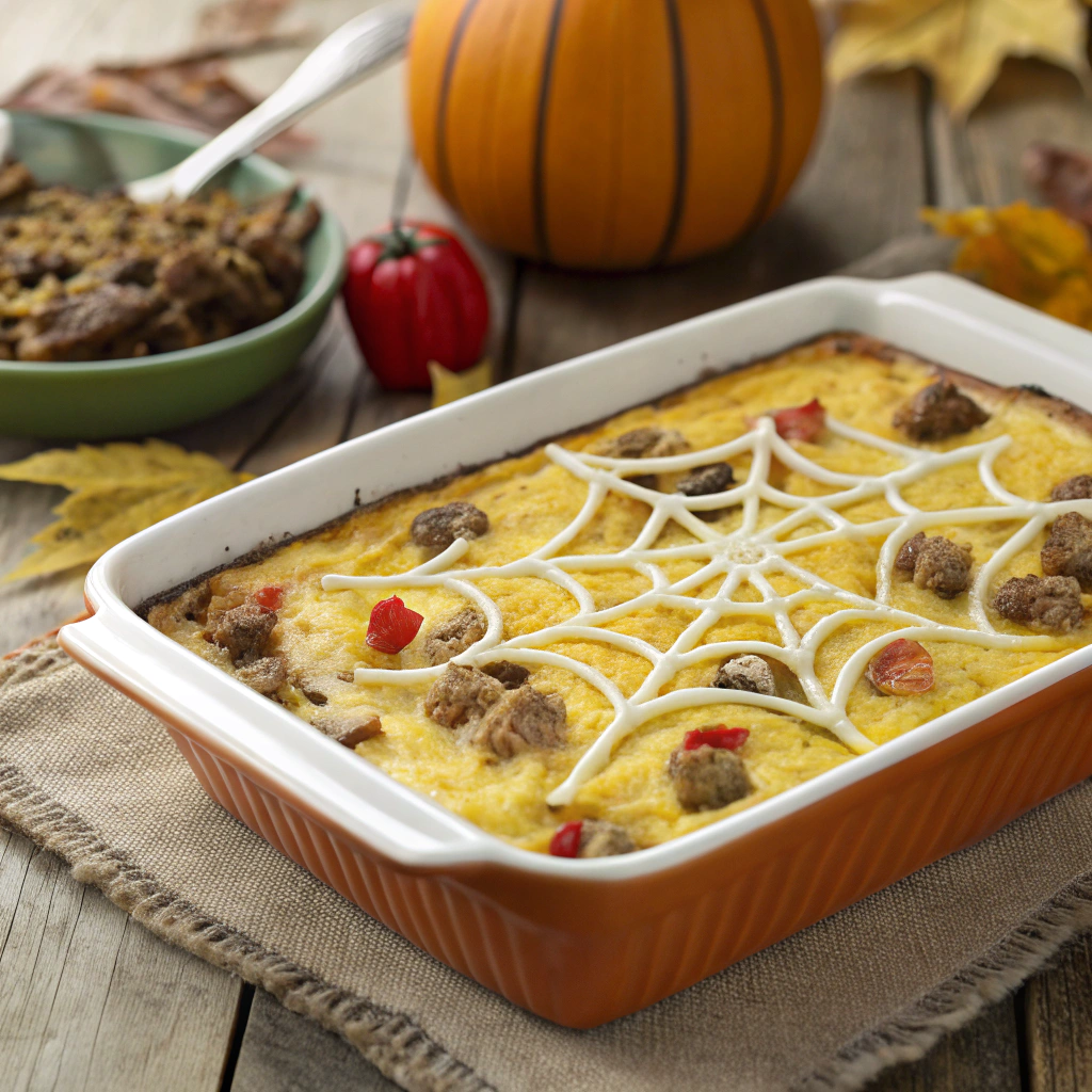 spooky-brunch-casserole-with-eggs--sausage--and-sp