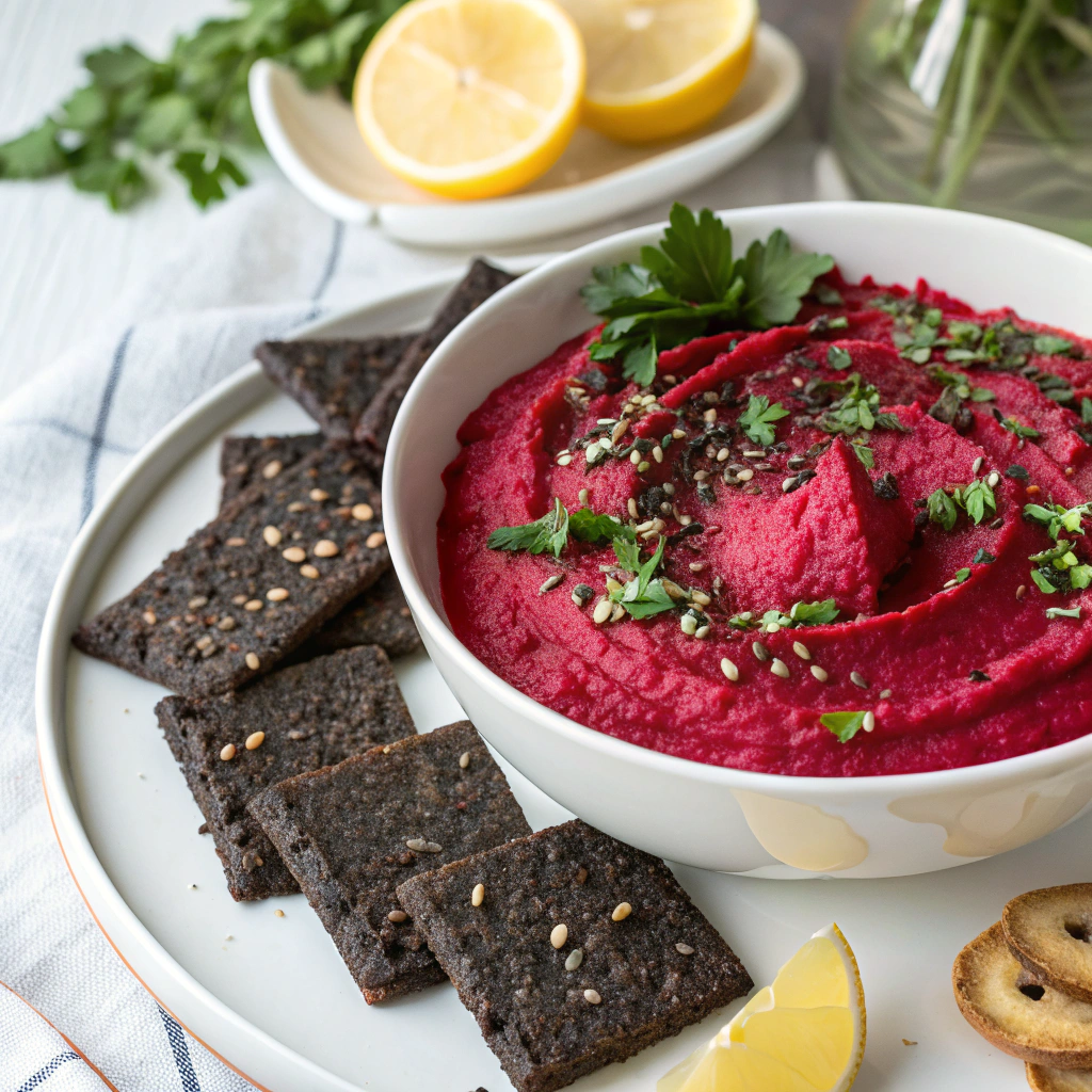 bloody-beet-hummus-with-black-crackers---a-vibrant