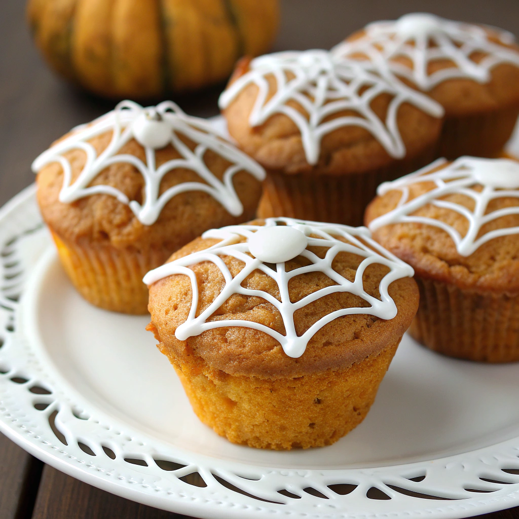 pumpkin-muffins-with-spiderweb-frosting-