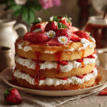 A fluffy strawberry shortcake cake layered with fresh strawberries and whipped cream, perfect for birthdays, family gatherings, or summer desserts.