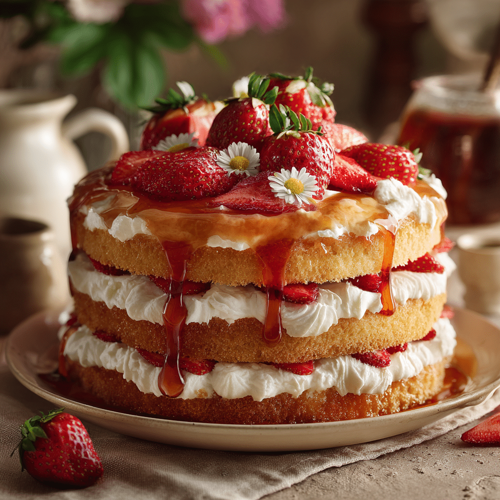 A fluffy strawberry shortcake cake layered with fresh strawberries and whipped cream, perfect for birthdays, family gatherings, or summer desserts.