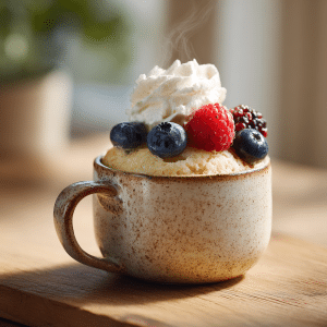 A soft and fluffy vanilla mug cake in a small mug, ready in the microwave, perfect as a quick and easy dessert anytime.