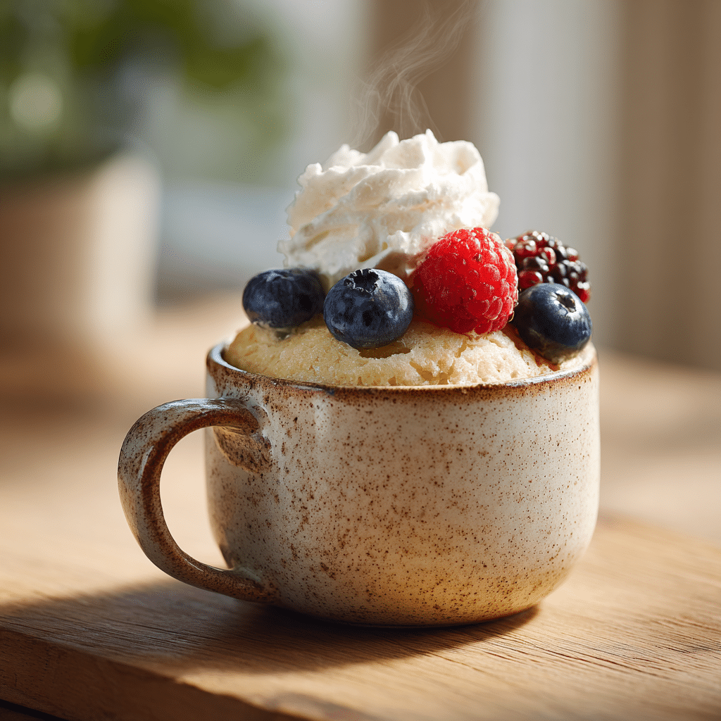A soft and fluffy vanilla mug cake in a small mug, ready in the microwave, perfect as a quick and easy dessert anytime.