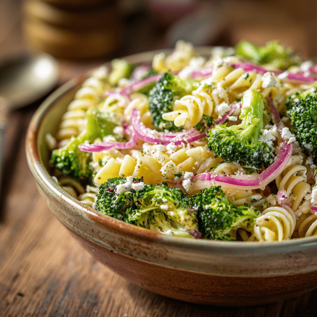 Broccoli Pasta Salad with Red Onion and Feta A Cozy, Flavorful Family Favorite
